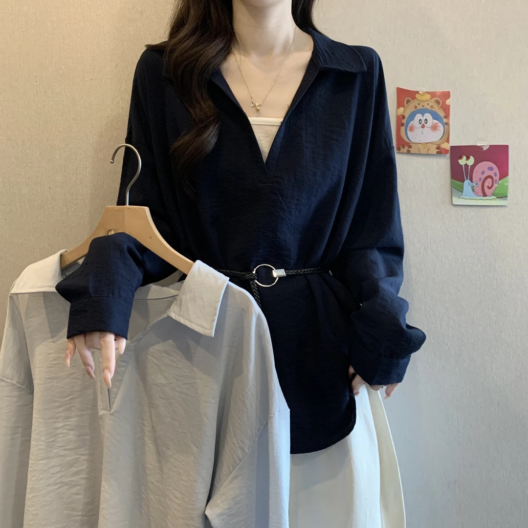 设计感假两件V领正肩长袖衬衫2025早秋新款胖MM收腰显瘦系带上衣