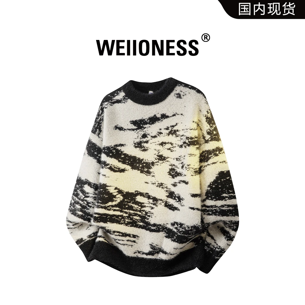 WEIIONESS圆领扎染印花针织衫男秋冬潮流百搭慵懒风上衣痞帅男装