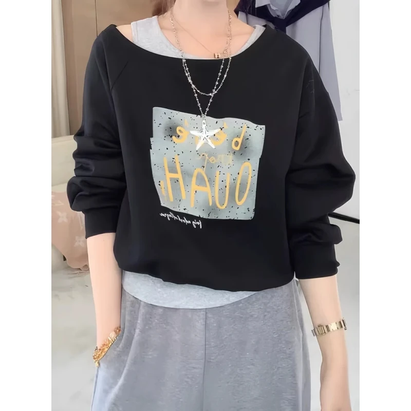 假两件黑色斜肩短款卫衣女秋季2025新款大码胖MM遮肉露肩宽松上衣