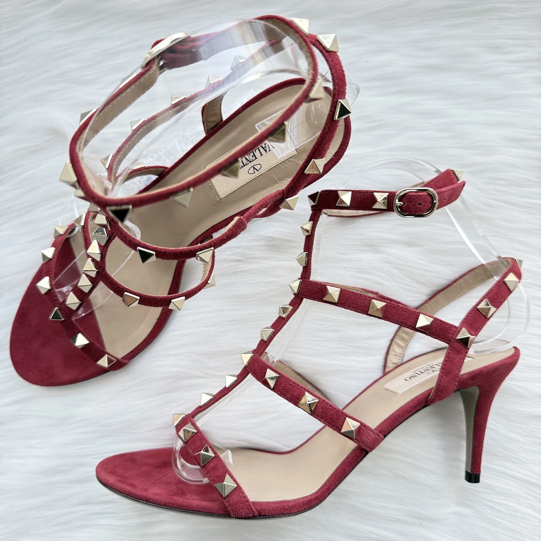 99新 Valentino/华伦天奴 酒红色麂皮高跟鞋 38码 公价8k j3177