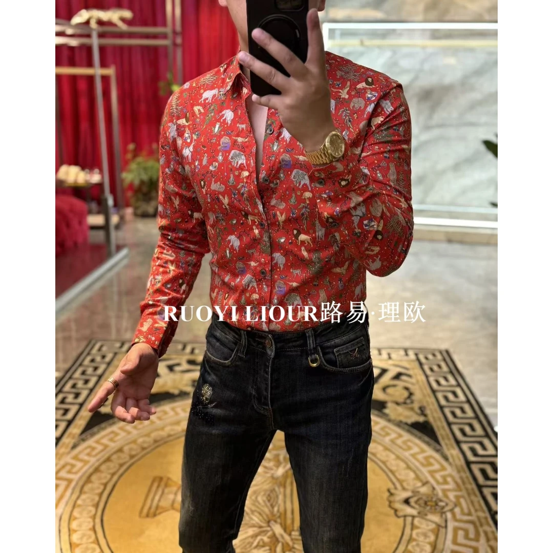 【路易理欧】2025秋季新款时尚经典红动物世界长袖衬衫0374