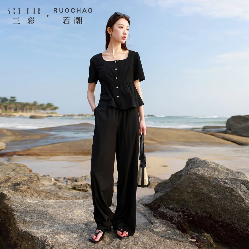 大码女装2025夏季新款仿麻上衣长裤两件套装休闲方领通勤胖MM
