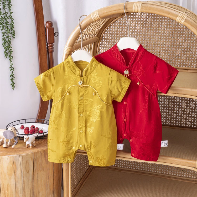 夏季婴儿男女宝宝百天周岁礼服中国风薄款短袖连体衣哈衣