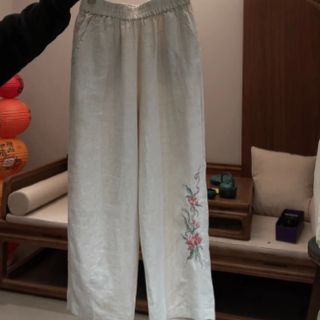 『蝶家』新中式国风刺绣松紧腰休闲阔腿裤8360