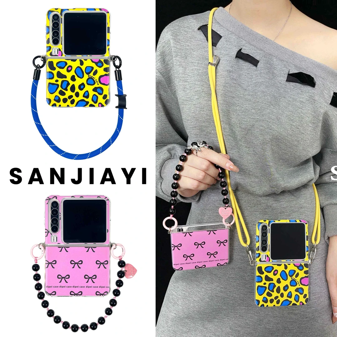 时尚潮酷豹纹蝴蝶结折叠屏手机壳斜挎挂绳适用华为PuraX翻盖可背