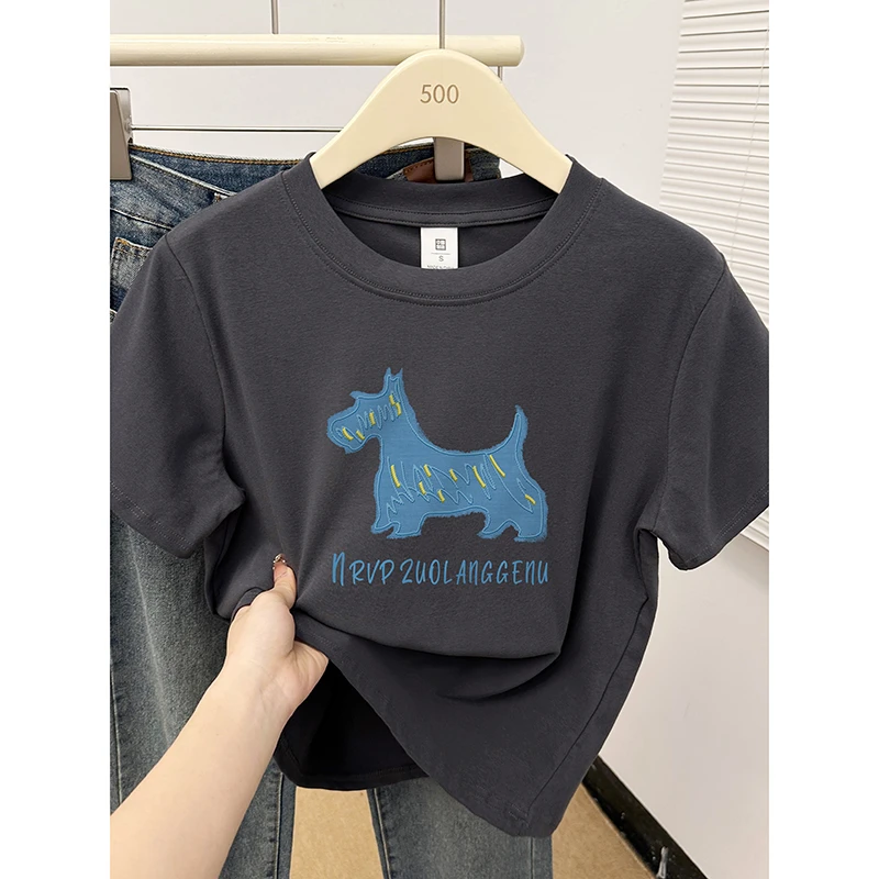 深灰色短袖T恤女夏季2025年新款正肩时尚休闲圆领慵懒风半袖上衣