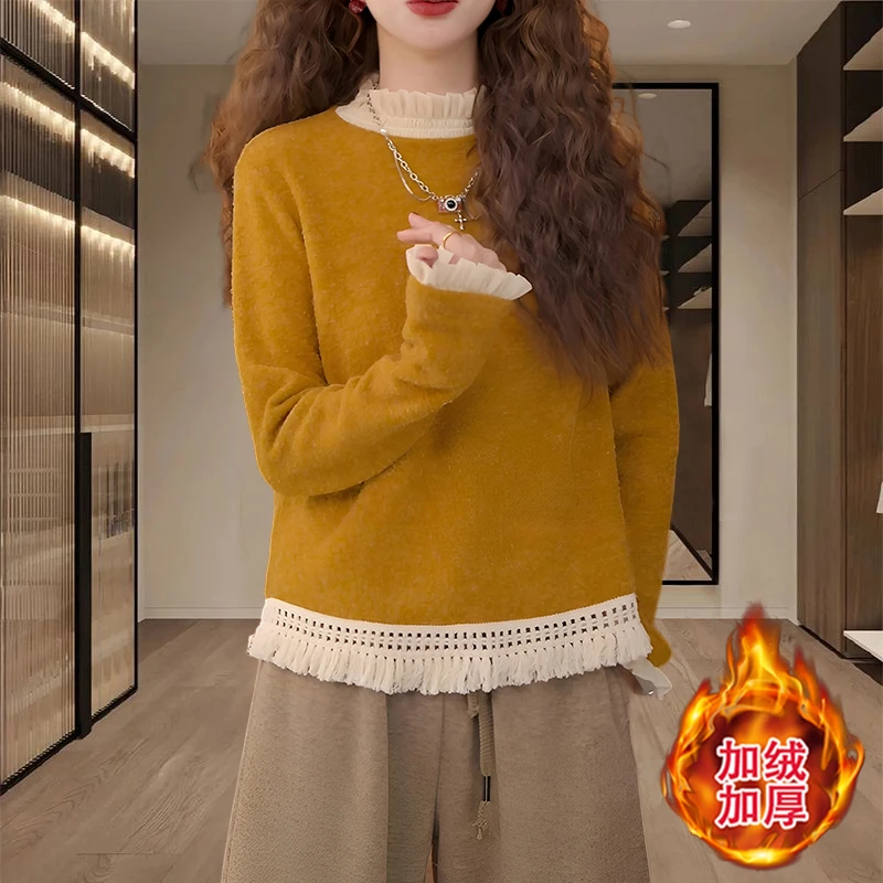 内搭打底衫2025秋冬新款女法式设计感花边拼接加厚保暖显瘦上衣潮