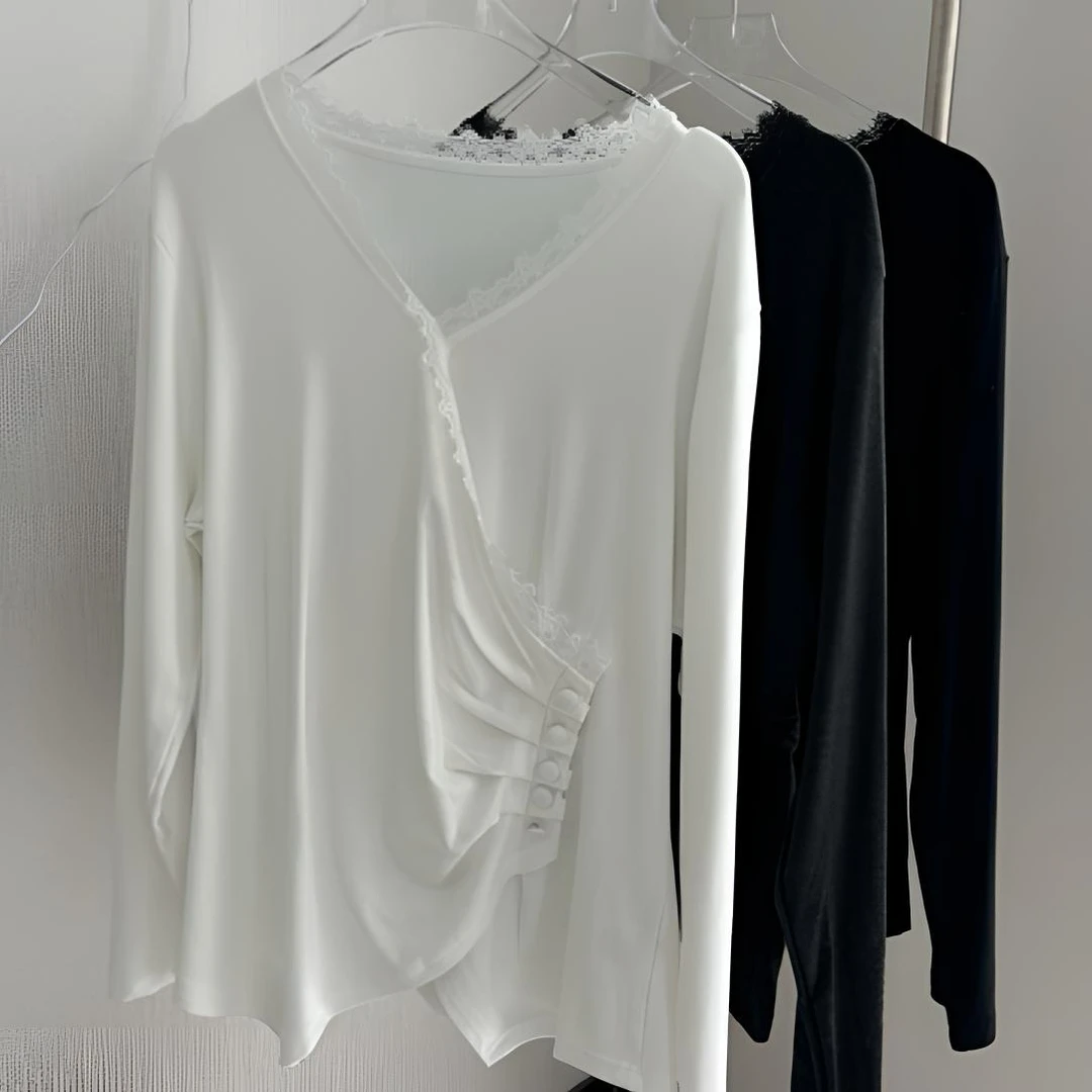 【39-59】多多推荐～宽松V领内搭白色春款长袖T恤长袖纯色显瘦t恤
