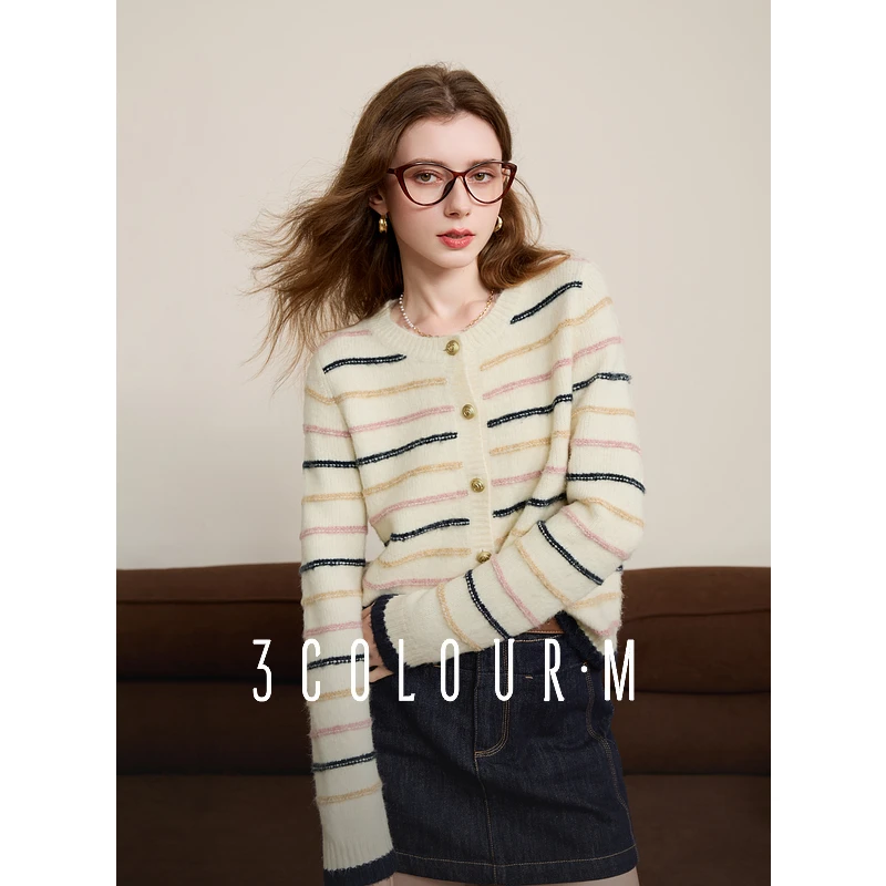 三彩2025春季新款条纹针织衫复古圆领毛衣开衫外套显瘦短款M