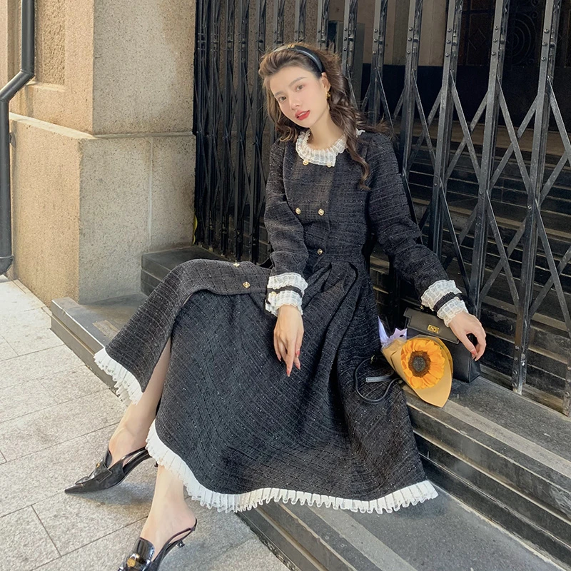 薇宝儿塔塔-秋冬新款法式气质名媛小香风收腰显瘦长袖连衣裙长裙