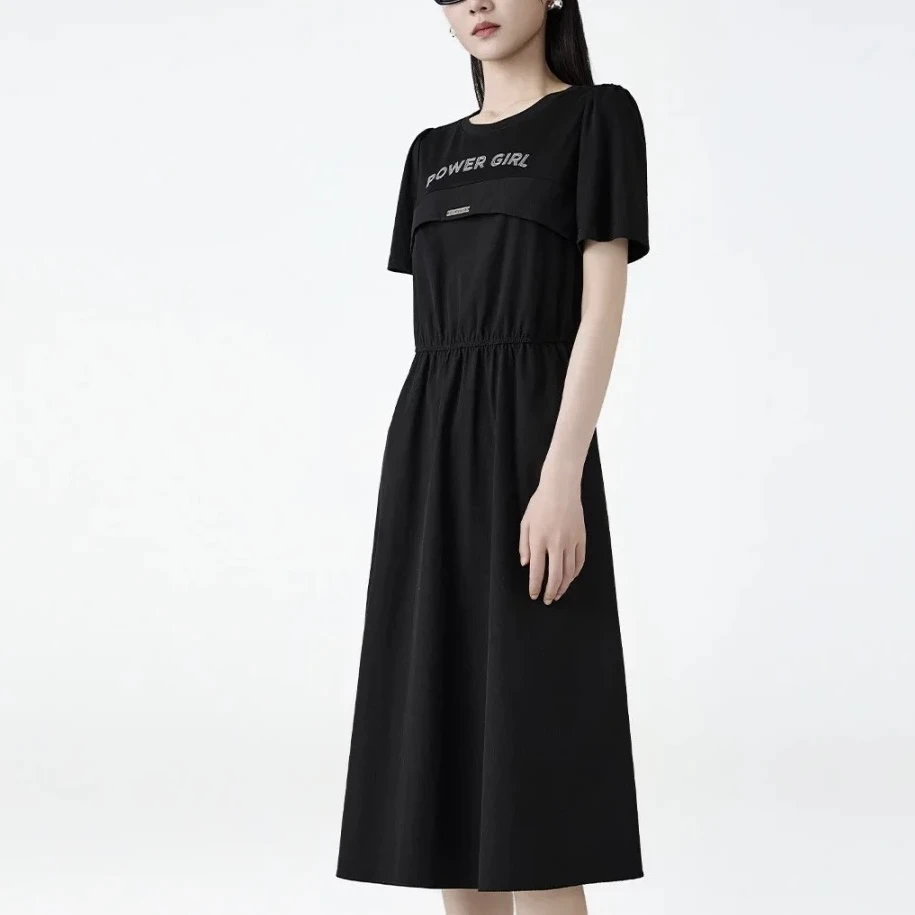 081字母印花拼接连衣裙收腰显瘦松紧腰A字裙