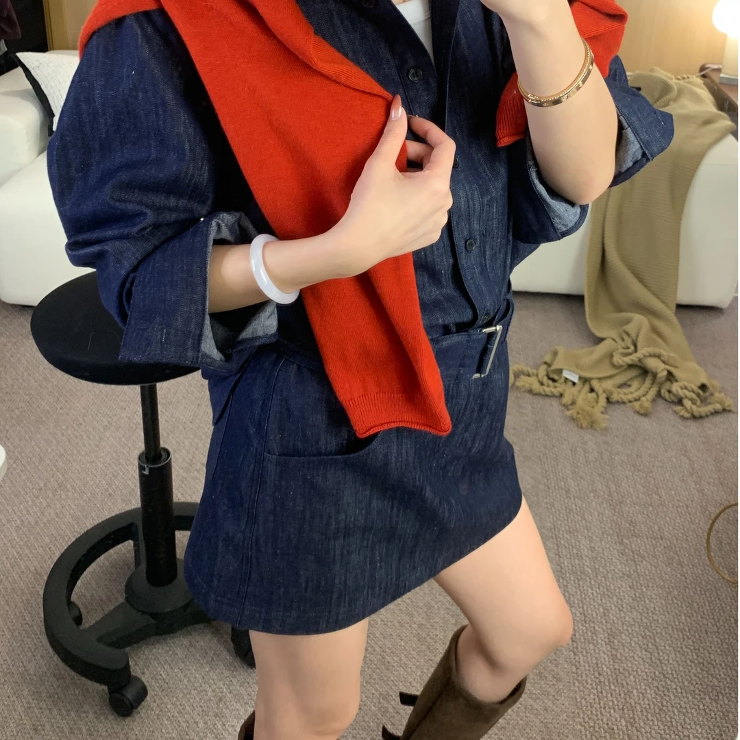 【】新款简约方扣蓝色牛仔短裙ZFT19725