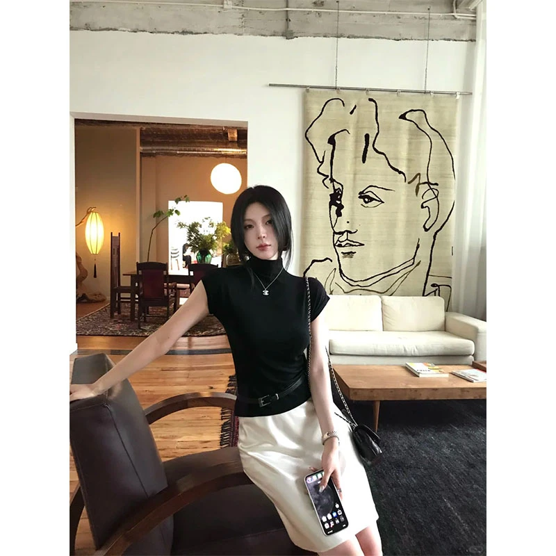 简约风短袖T恤女夏季新款高级感修身显瘦辣妹白色高腰百搭半身裙