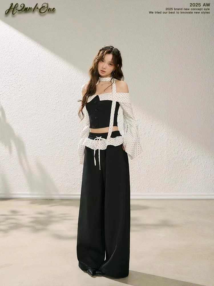 H2AN1 STUDIO丨波点芭蕾风长袖一字肩抹胸上衣辣妹阔腿裤套装
