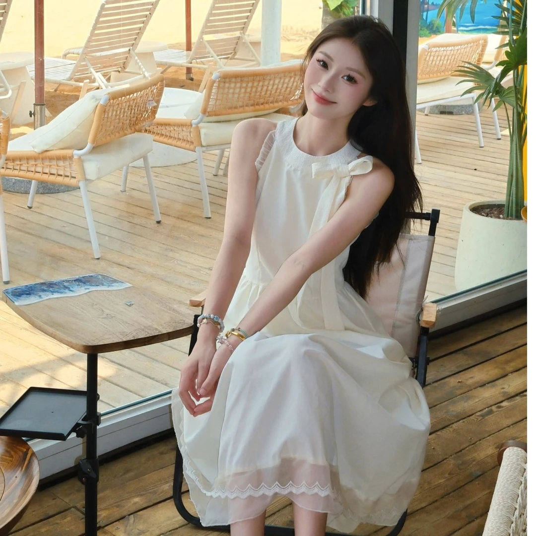 F5018挂脖无袖系带蝴蝶结连衣裙夏季法式收腰小个子温柔气质长裙