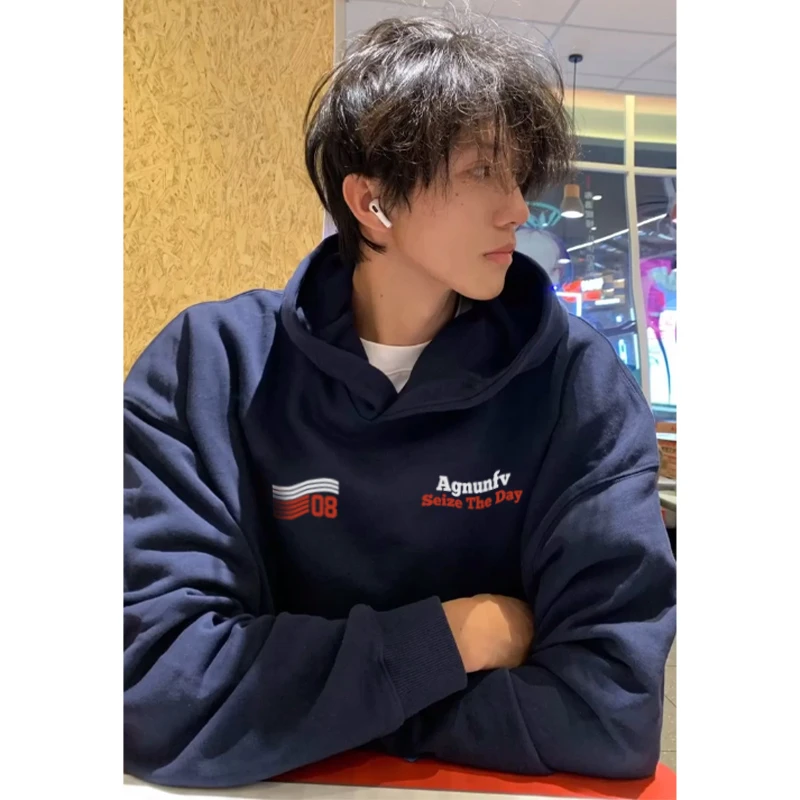 美式复古字母印花连帽卫衣男女秋冬季潮牌小众休闲百搭设计感帽衫