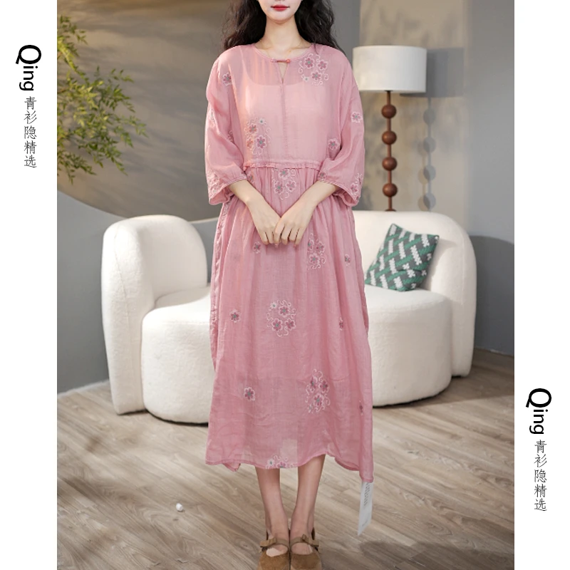6307夏季新款苎麻长款垂感连衣裙女设计感文艺刺绣长款连衣裙