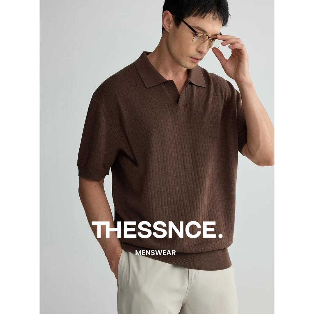 THESSNCE高支天丝混纺细16针休闲格纹polo衫短袖男翻领针织上衣