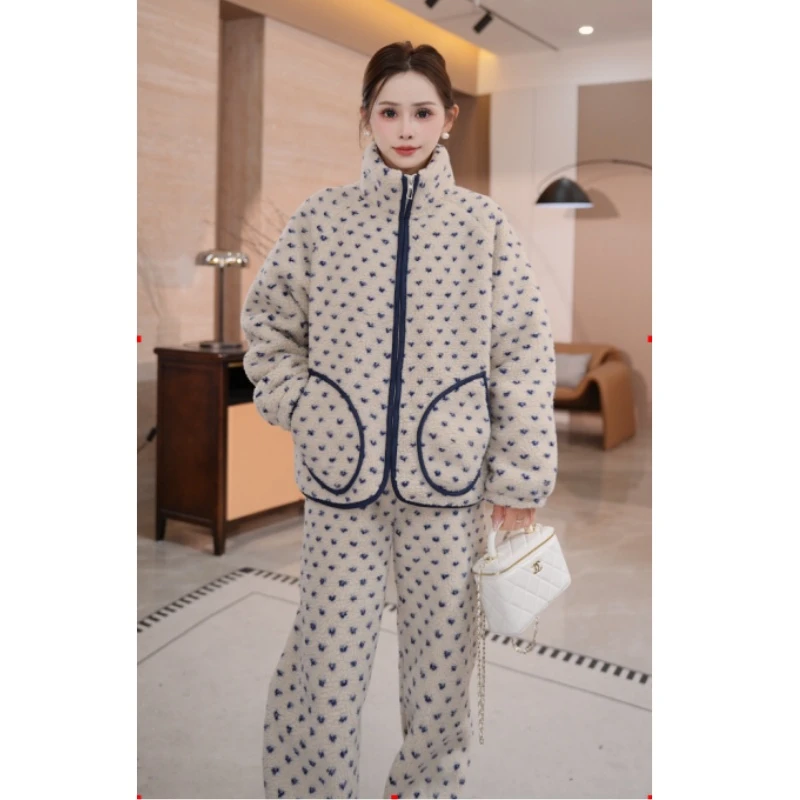 2025秋冬新款立领包边休闲居家服两件套加绒加厚爱心睡衣套装
