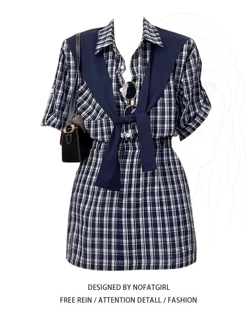 大码胖MM韩系复古格子衬衫连衣裙女夏季新款收腰显瘦气质披肩短裙