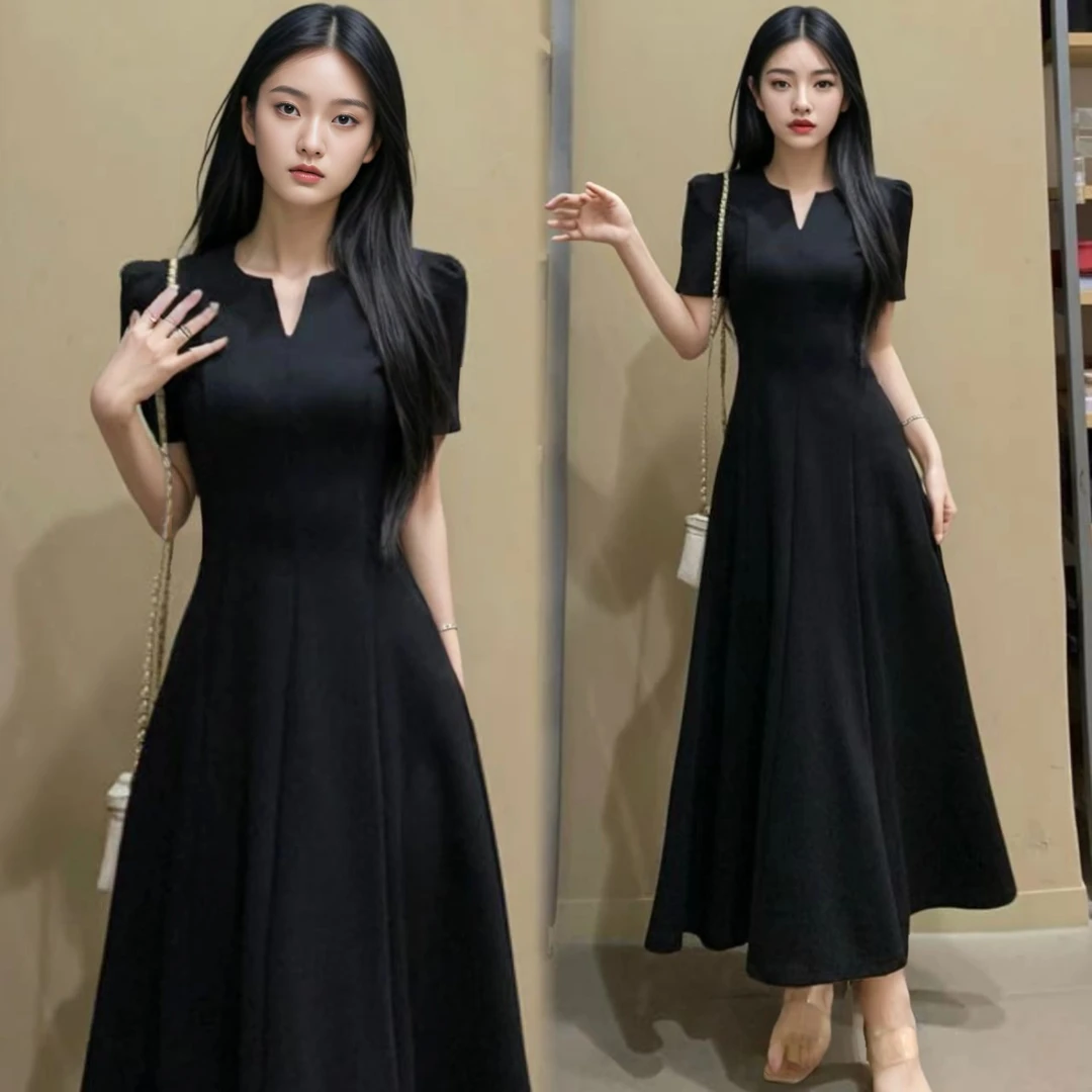 赫本风高级感气质收腰显瘦黑色长裙中长裙大码短袖连衣裙夏季