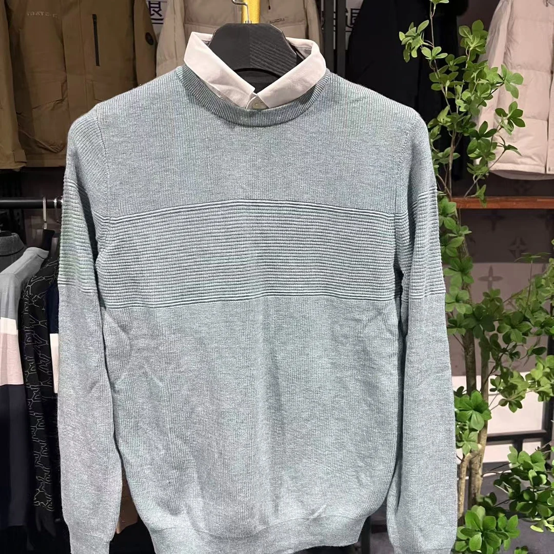 H-新款男士秋冬款浅绿色横条纹假两件休闲百搭