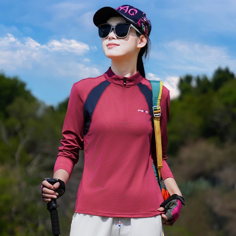 新款拼色显瘦速干长袖T恤女弹力透气运动上衣户外徒步快干衣春夏