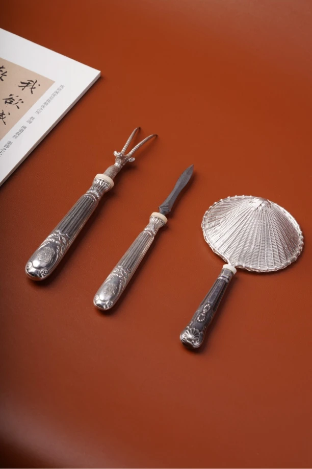 法国纯银925老银柄撬茶工具 茶漏 壶叉 套装系列