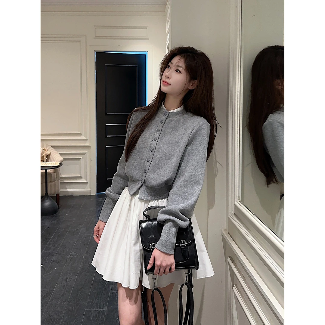 【VMPX】假两件拼接设计感单排扣针织卫衣开衫外套女上衣芭蕾蓬蓬裙