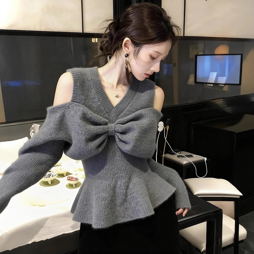 现货绝美冬时尚气质漂亮慵懒氛围感穿搭灰色蝴蝶结毛衣上衣