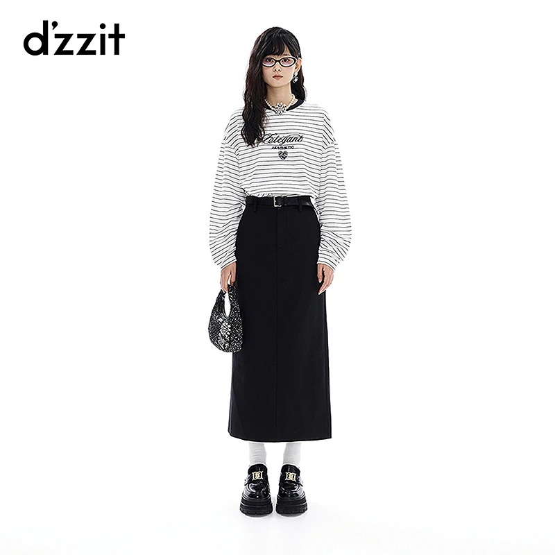 dzzit地素长袖T恤24冬新款复古休闲宽松刺绣条纹上衣女3I4B5112B
