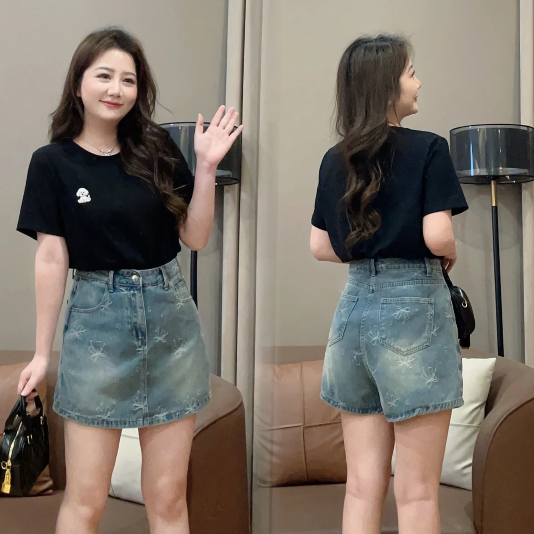 大萌萌【现货】复古水洗百搭高腰牛仔裙裤夏季微胖显瘦女P225X07361