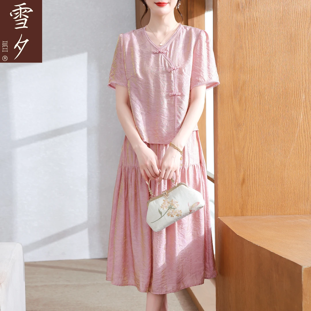 雪夕妈妈夏装雪纺小衫半身裙两件套新款中老年女装国风连衣裙套装