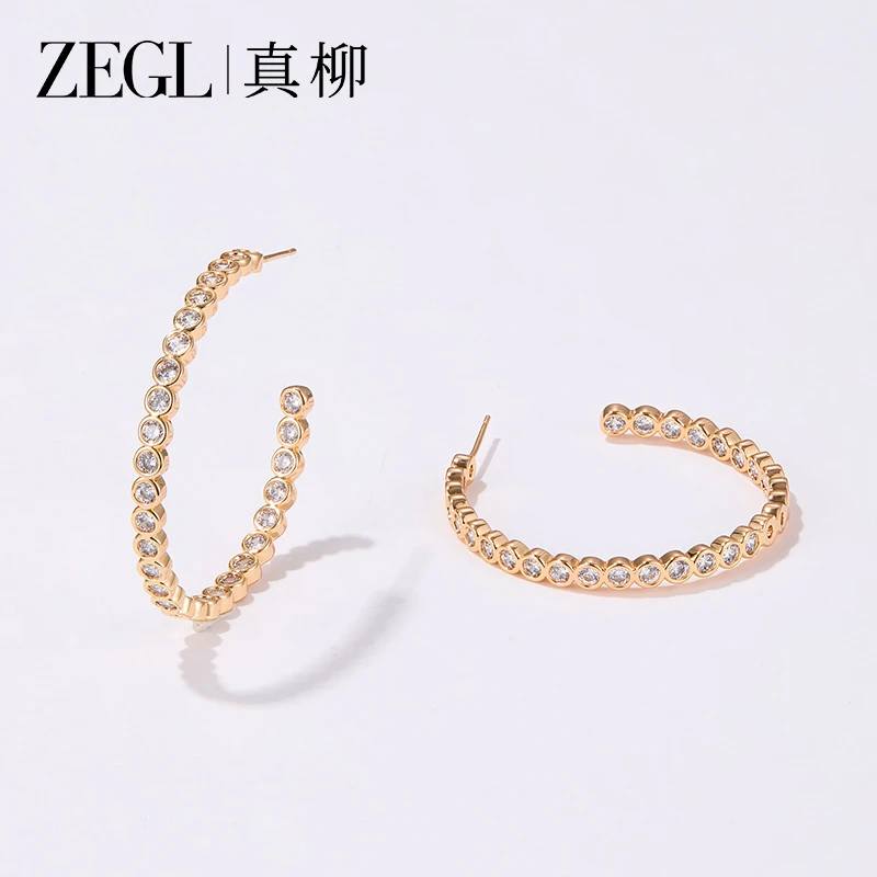 ZEGL 铜合金合成锆石耳饰 简约时尚小众C形镶嵌金色耳环小众耳饰