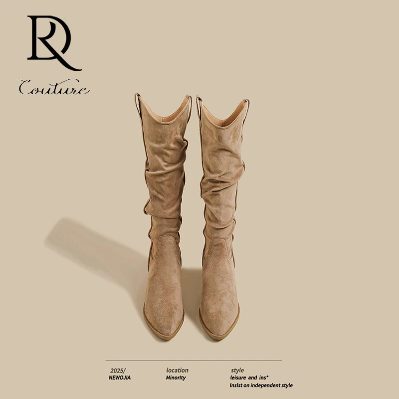 【DR轻奢正品】2025秋冬季粗跟尖头靴女黑色高跟废土风褶皱骑士长靴