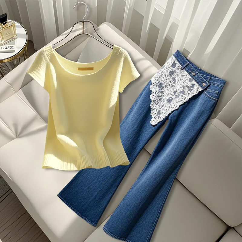 2025夏季五一出游穿搭女装韩版休闲U领针织上衣设计感牛仔直筒裤
