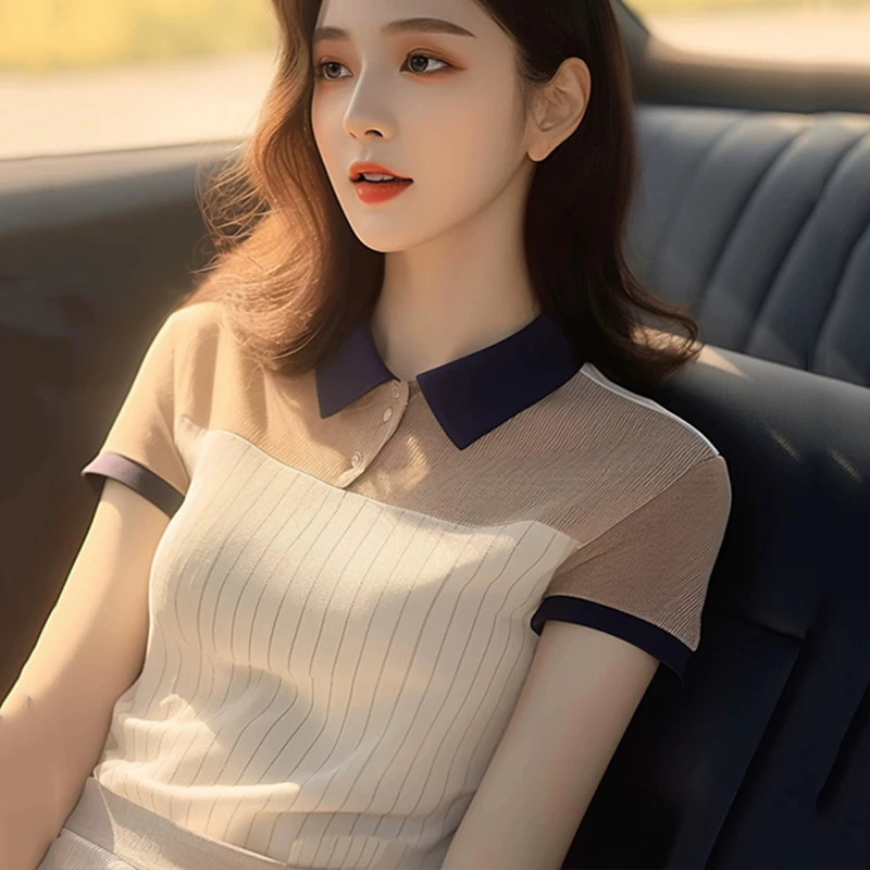 舒适高级感冰丝短袖polo领套头修身显瘦上衣别致独特漂亮小众t恤