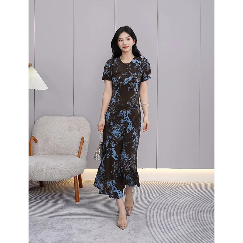 CKOUCCOO/扣蔻桑蚕丝印花别致修身真丝连衣裙女气质高腰新款长裙