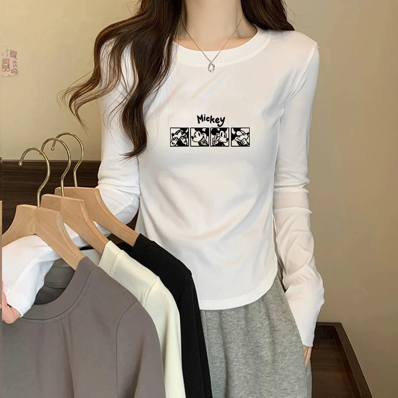 新款纯棉长袖圆领弧形T恤女春秋打底衫纯色上衣白色修身显瘦百搭