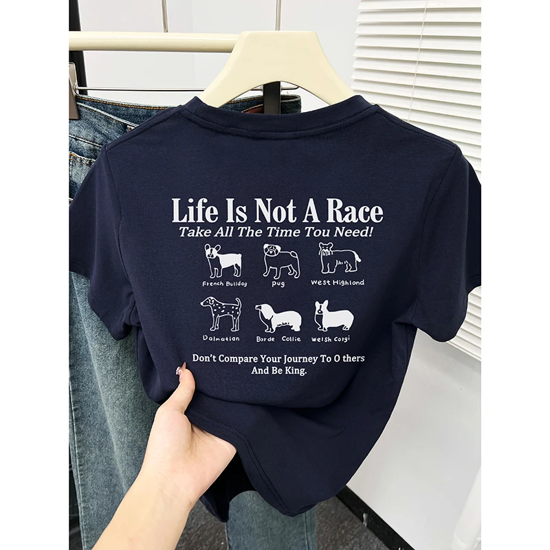 正肩短袖T恤女2025夏季新款显瘦前后字母卡通印花设计感圆领上衣