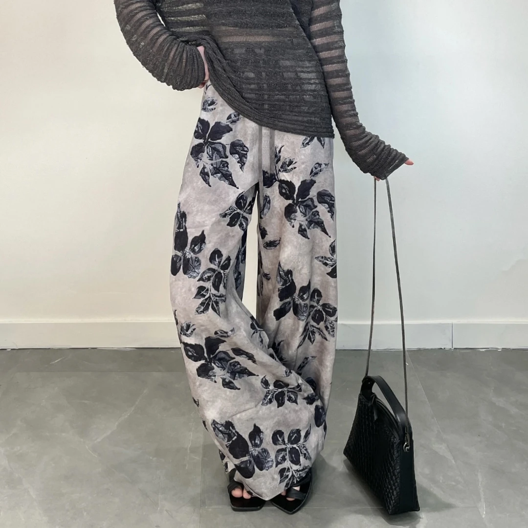 复古印花休闲裤女夏季新款松紧腰显瘦气质时髦洋气百搭直筒阔腿裤