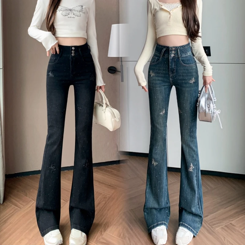 迪否重工烫钻喇叭裤爆款2025冬季新款高腰修身微喇牛仔裤8954