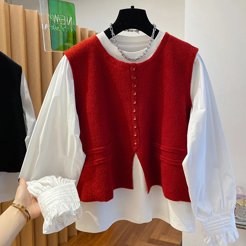 早春新款韩系两件套马甲衬衫上衣女大码宽松减龄衬衣百搭时尚爆款