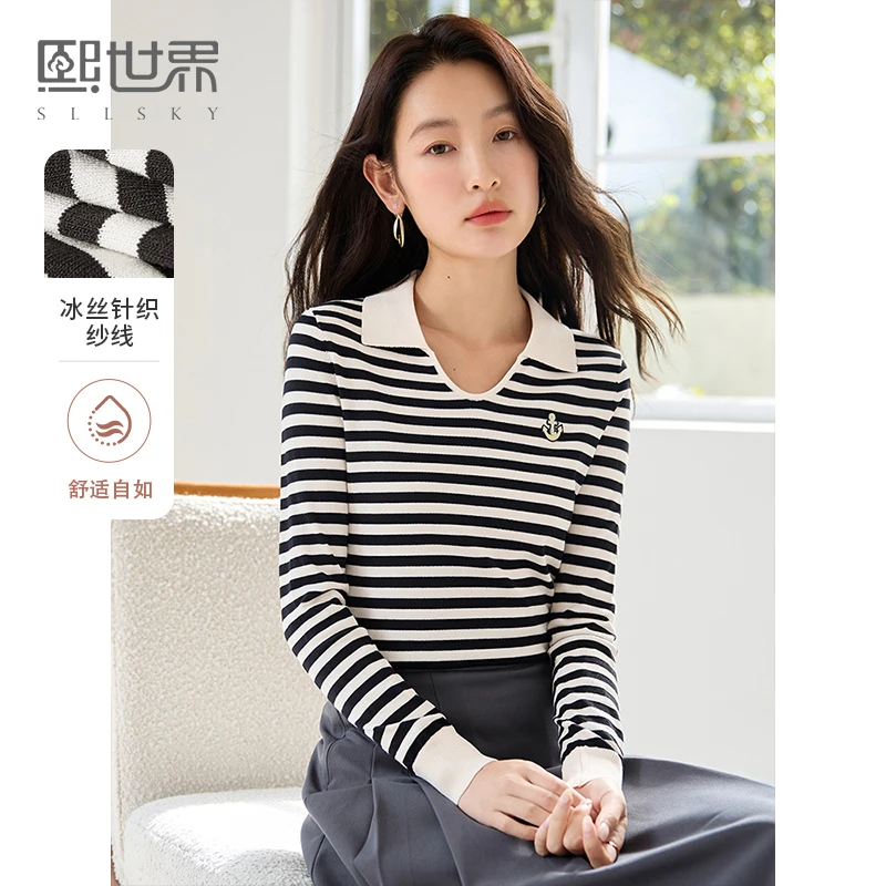 熙世界通勤淑女风格常规熙世界海魂风条纹POLO领针织衫女
