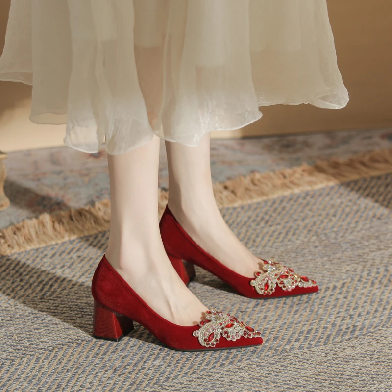 浅口方根高跟鞋敬酒服鞋子酒红色夏季中式结婚鞋2025新款单鞋女
