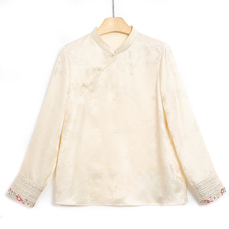 锦月丝府桑蚕丝提花缎丝制国风长袖衬衫85A053