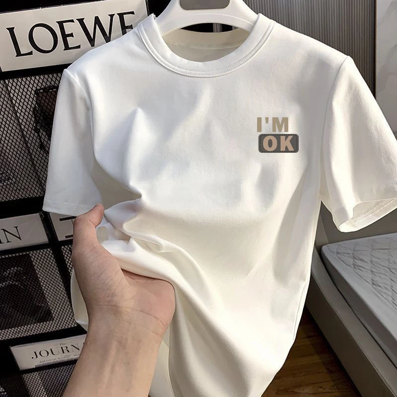 圆领男士上衣直播种草情侣款港风小标印花短袖T恤2024夏季黑白T