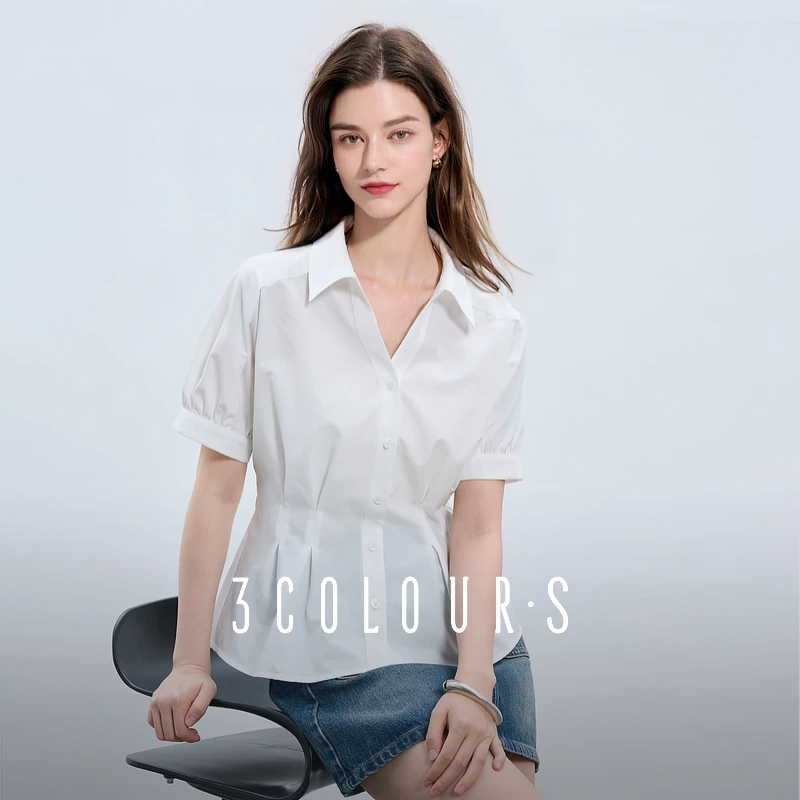 三彩2025夏季新款翻领短袖白衬衫上衣收腰衬衣简约通勤气质S
