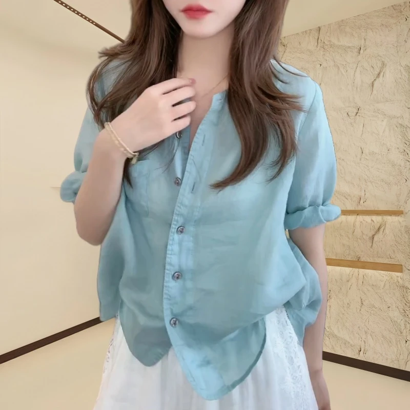 【欧若风】时尚百搭简约纯色衬衣慵懒风女人味减龄中袖衬衫简约上衣