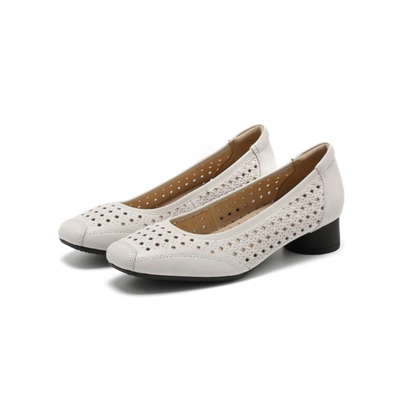 羊皮浅口镂空粗跟高跟鞋中跟方头单鞋舒适软底女鞋透气妈妈工作鞋